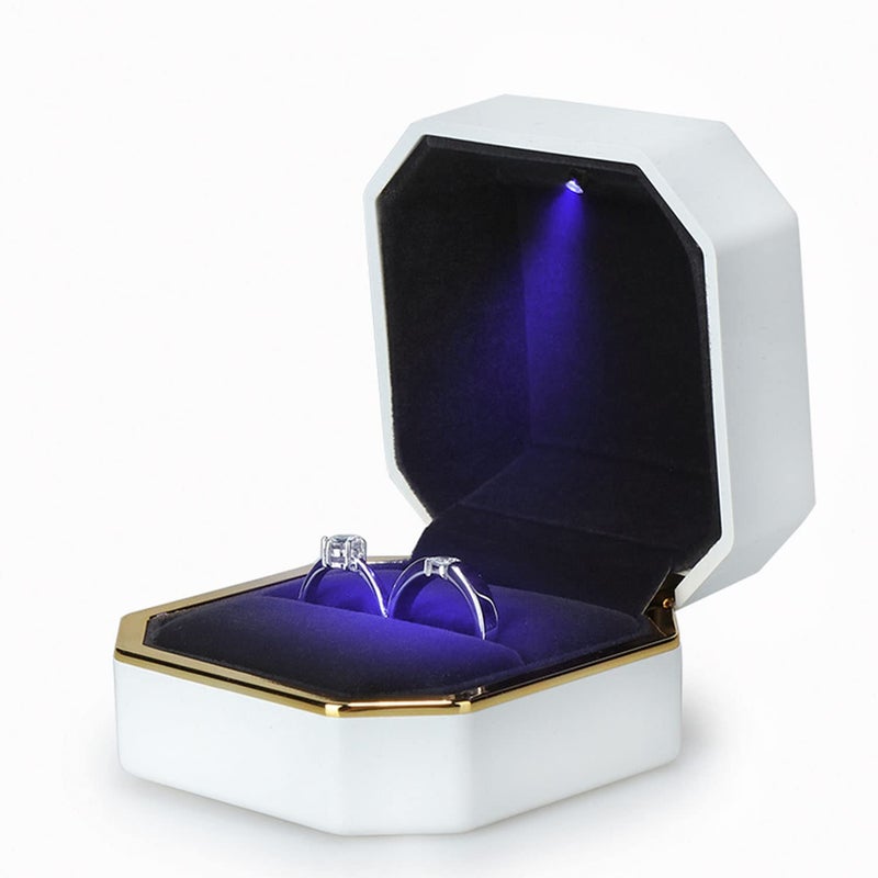 AVESON Luxury Ring Box, Square Velvet Wedding Ring Case Jewelry Gift Box with LED Light for Proposal Engagement Wedding, White - Image 2